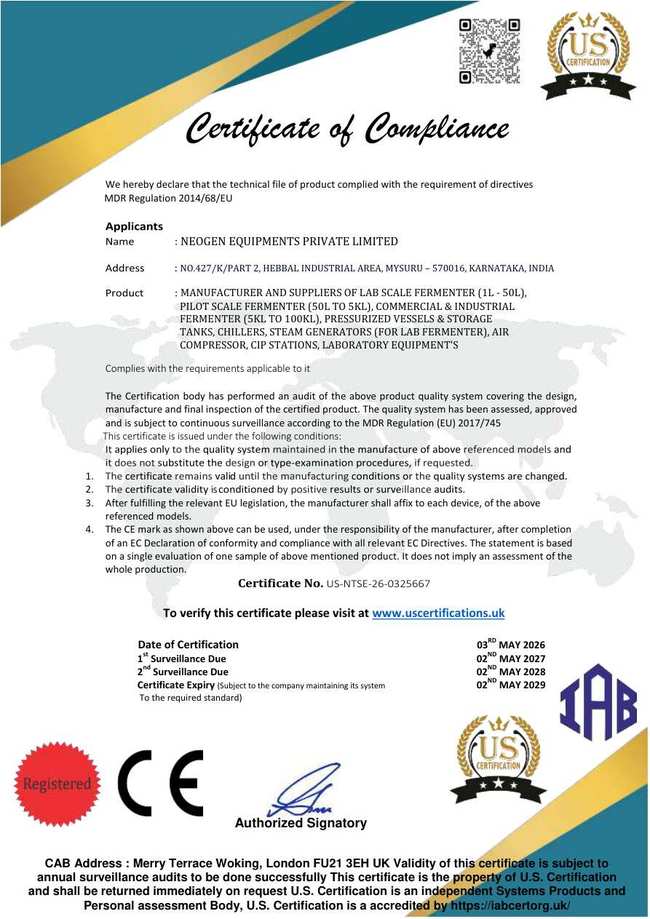 CE Compliance certificate - MDR Regulation 2014/68/EU
